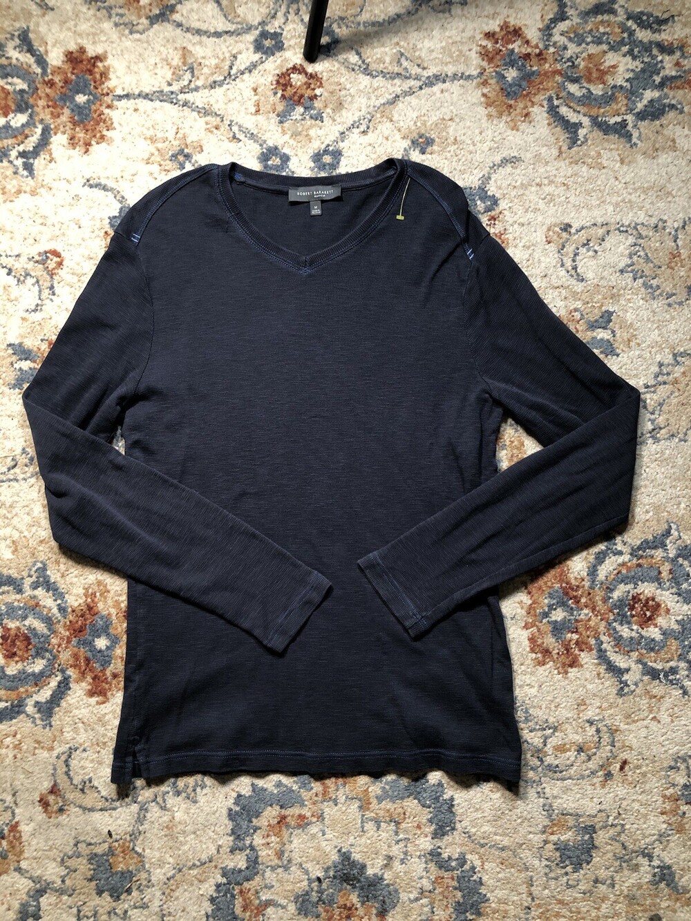 Robert Barakett T Shirt Mens Medium Blue Long Sleeve V Neck Waffle Knit Stretch